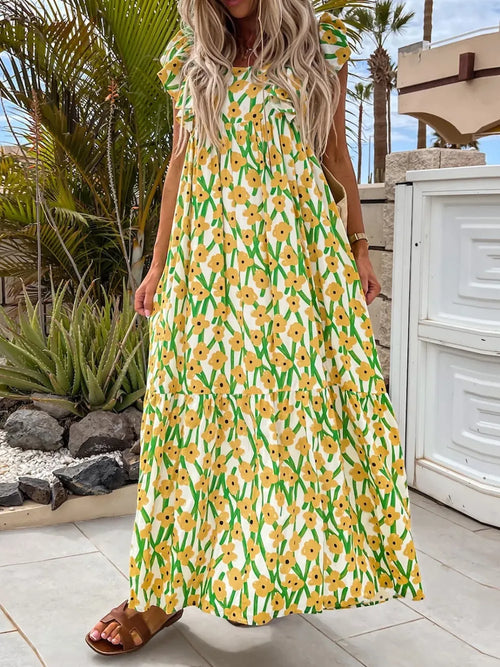 Hazel Blues® |  Ruffled Printed Cap Sleeve Midi Dress