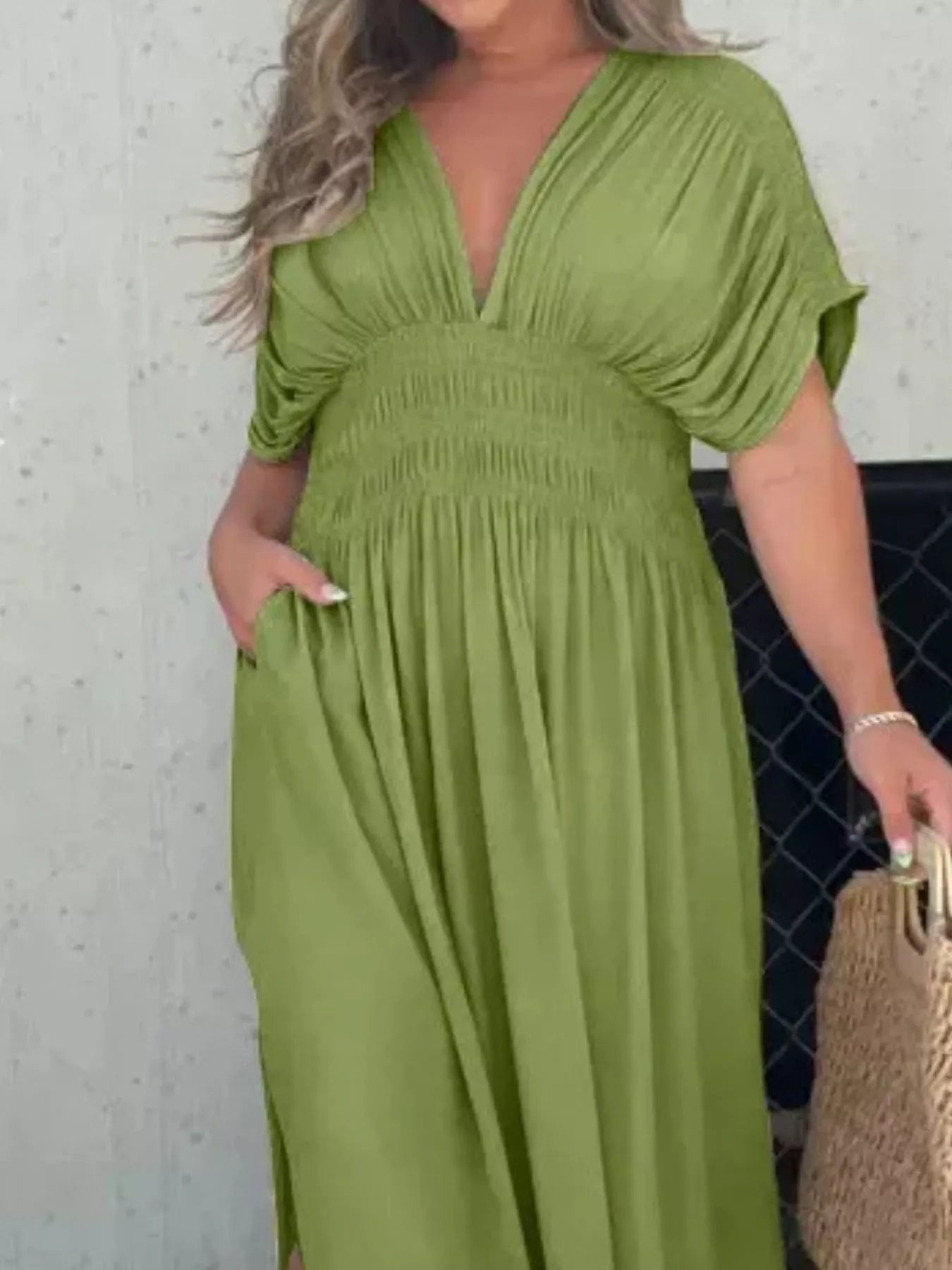 Hazel Blues® | Slit V-Neck Smocked Waist Maxi Dress