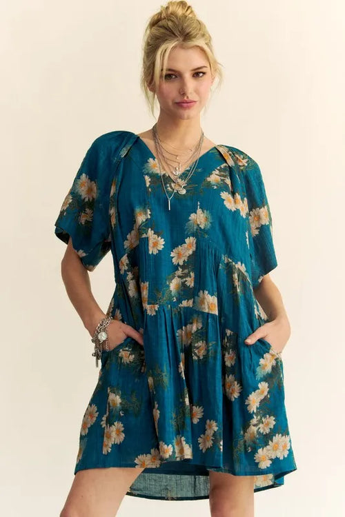 Hazel Blues® |  Davi & Dani Floral Print Short Bell Sleeve Pleated Mini Dress