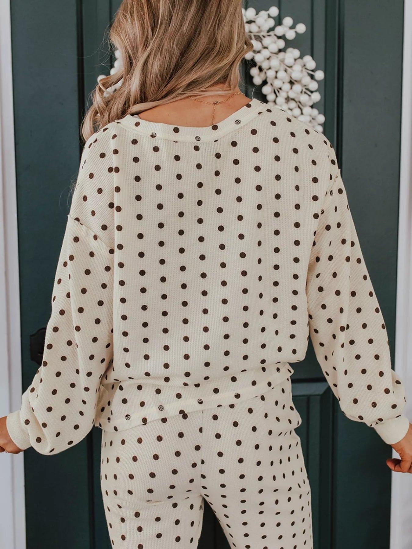 Hazel Blues® |  Polka Dot Notched Long Sleeve Top and Drawstring Joggers Lounge Set