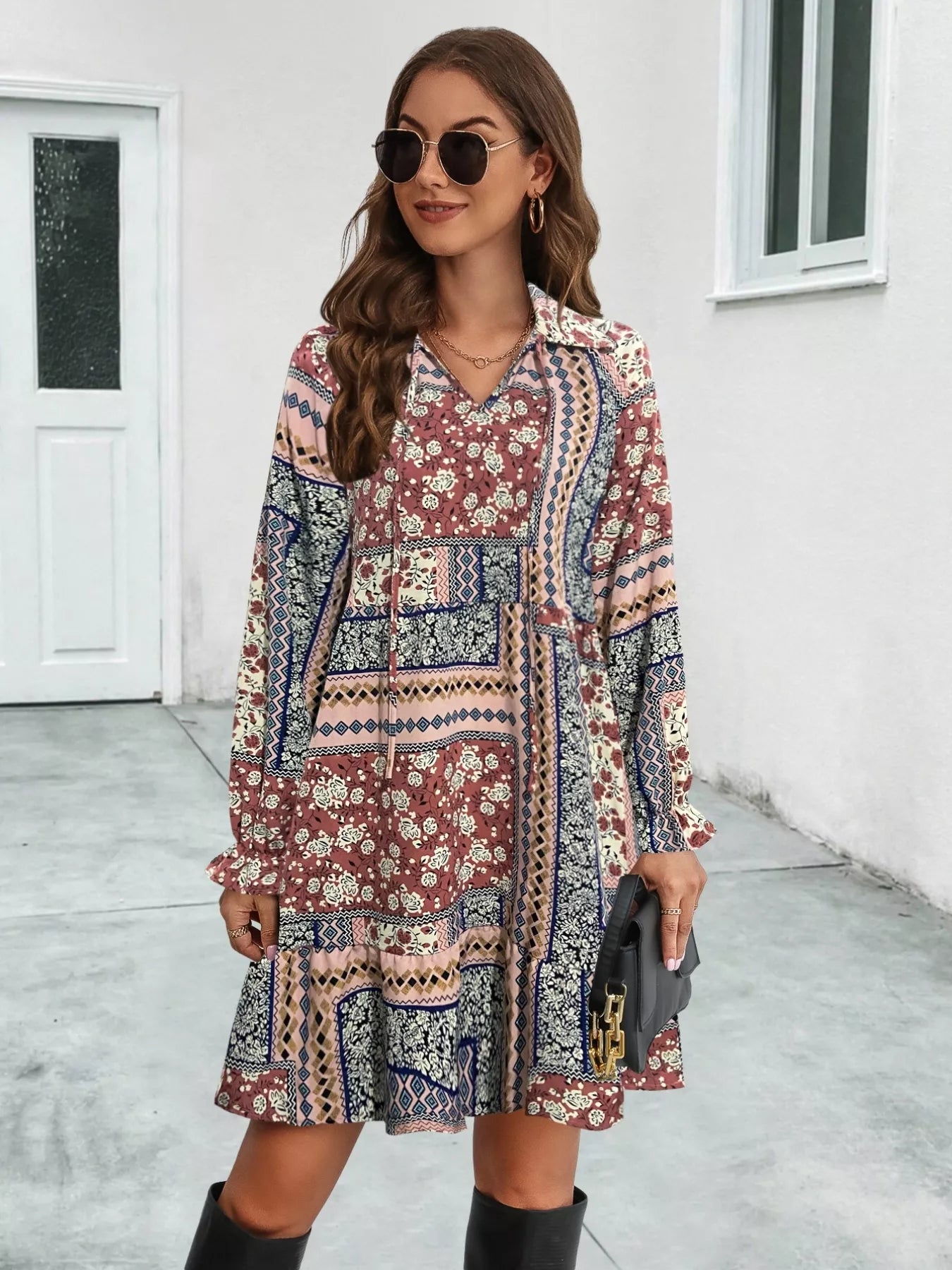 Hazel Blues® |  Boho Floral Print Long Sleeve Mini Dress