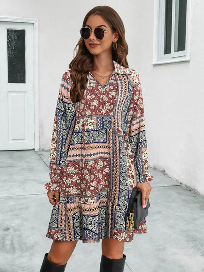 Hazel Blues® |  Boho Floral Print Long Sleeve Mini Dress