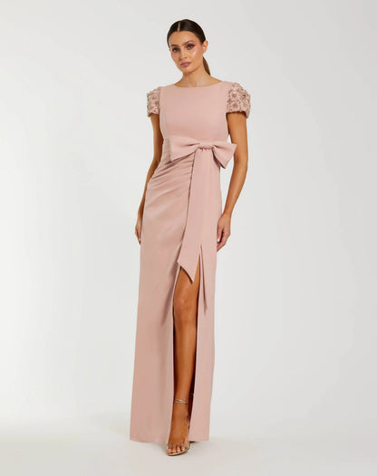 Pink Beaded Cap Sleeve Crepe Gown With Bow and Slit