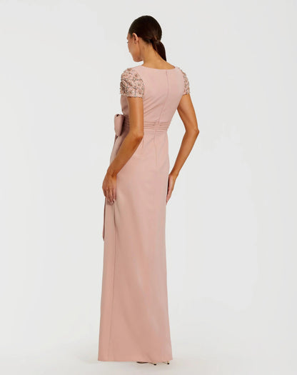 Pink Beaded Cap Sleeve Crepe Gown With Bow and Slit