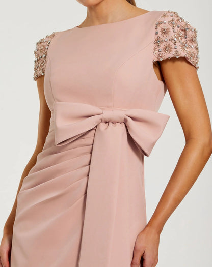 Pink Beaded Cap Sleeve Crepe Gown With Bow and Slit