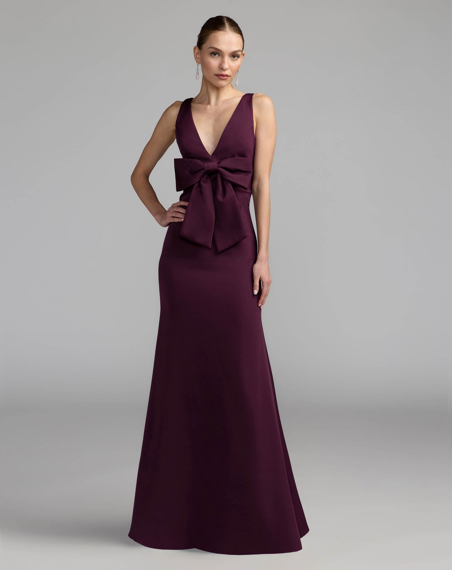Purple Crepe Sleeveless V-Neck Gown with Bow