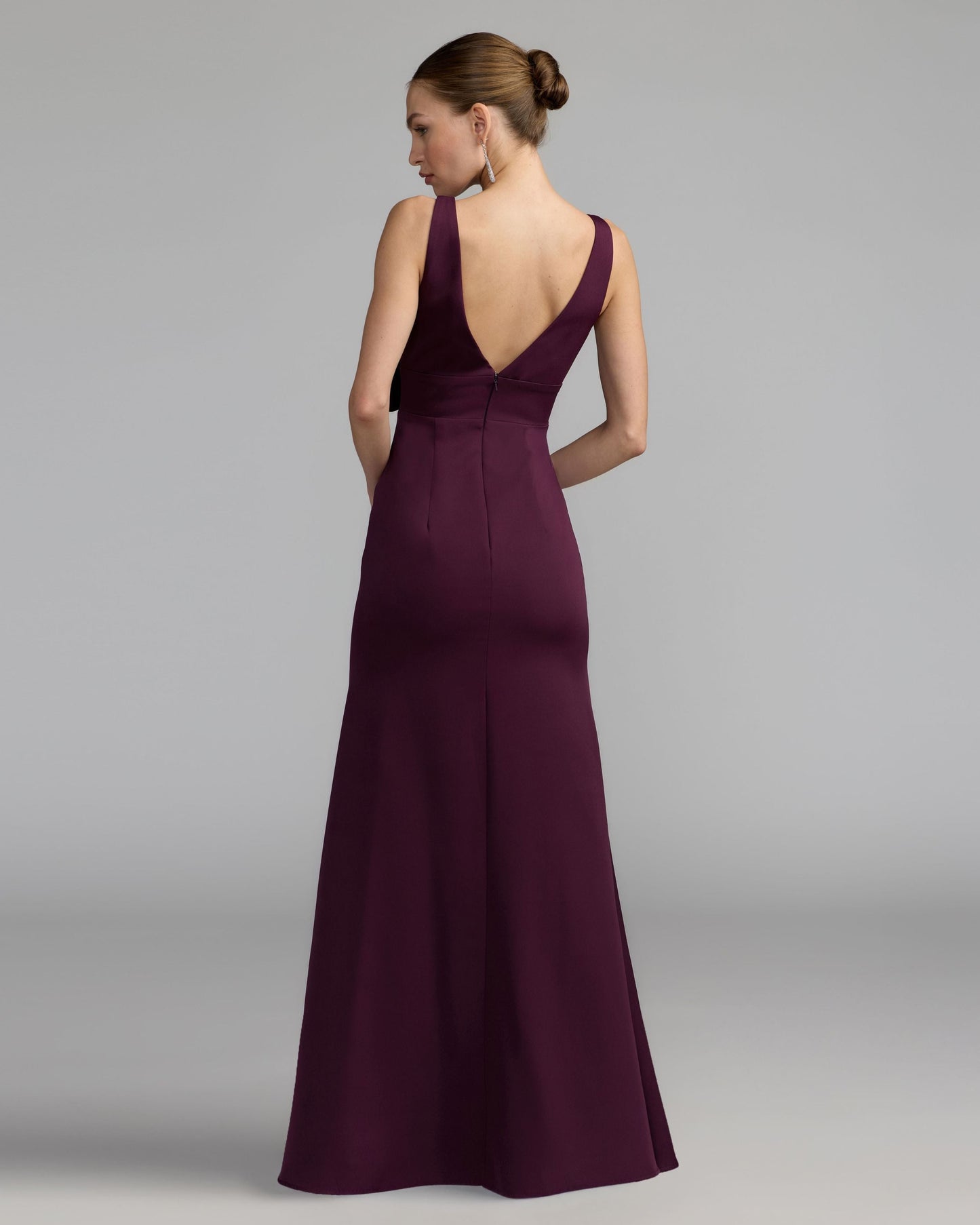 Purple Crepe Sleeveless V-Neck Gown with Bow