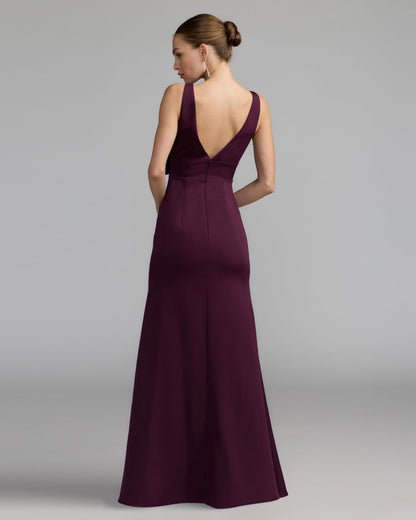 Purple Crepe Sleeveless V-Neck Gown with Bow
