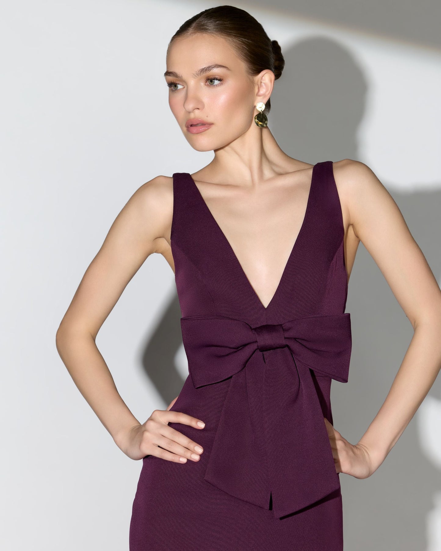 Purple Crepe Sleeveless V-Neck Gown with Bow