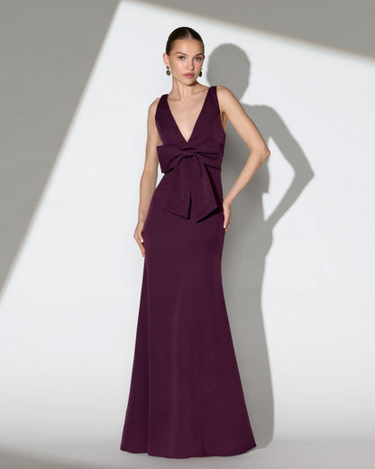 Purple Crepe Sleeveless V-Neck Gown with Bow