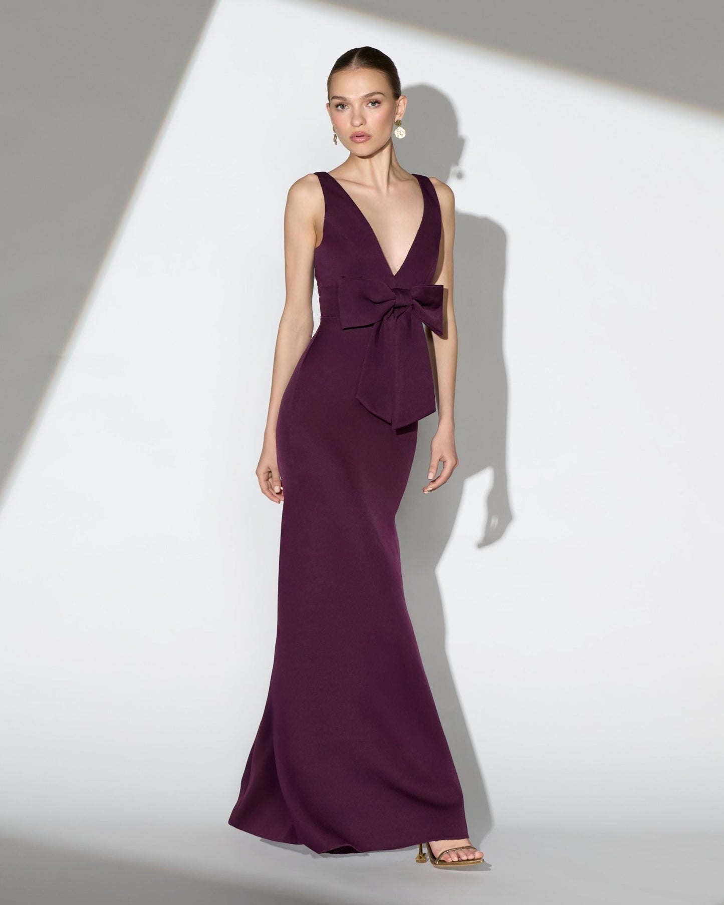 Purple Crepe Sleeveless V-Neck Gown with Bow