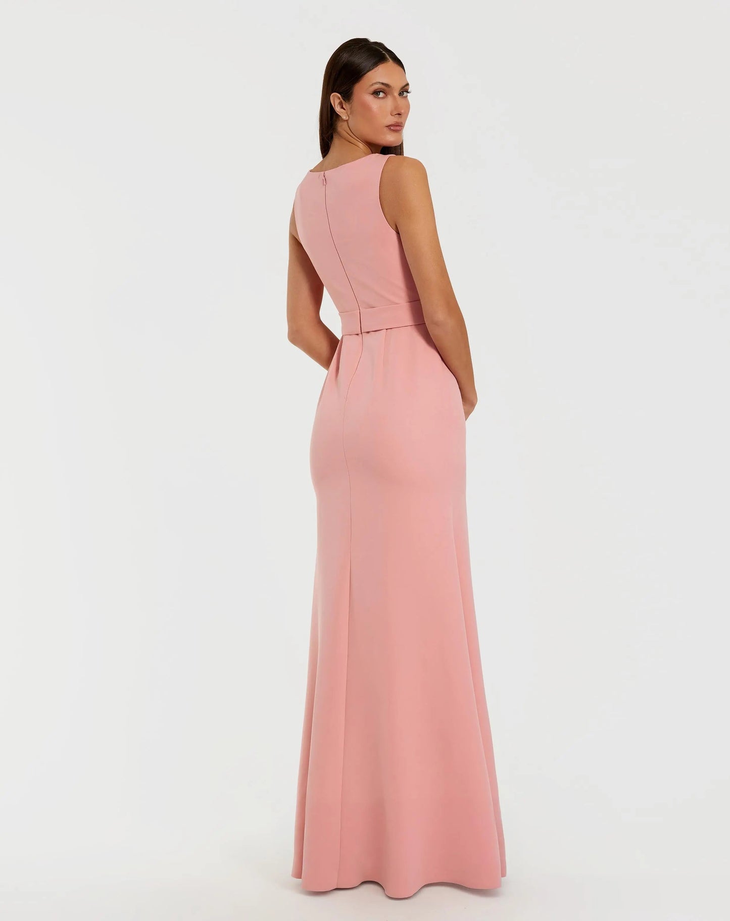 Pink Boat Neck Crepe A Line Gown With Flower