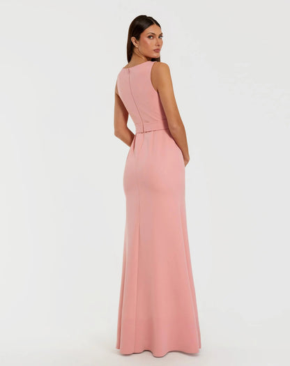 Pink Boat Neck Crepe A Line Gown With Flower