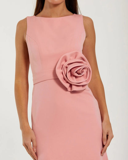 Pink Boat Neck Crepe A Line Gown With Flower