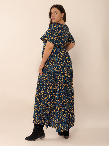 Hazel Blues® | Printed Short Sleeve Slit Tiered Maxi Dress