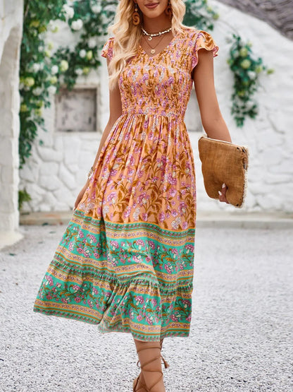 Hazel Blues® |  Printed Round Neck Cap Sleeve Dress