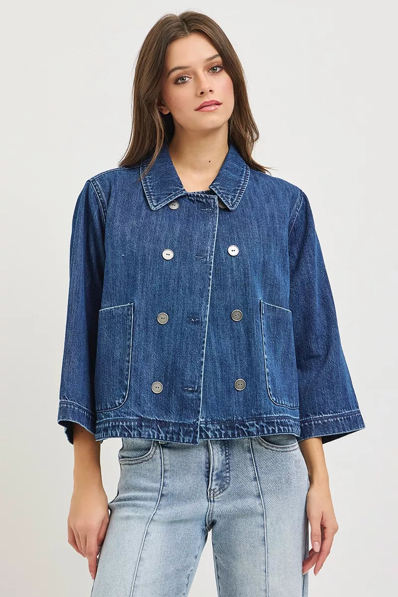 Hazel Blues® |  RISEN Double-Breasted Flowy Cropped Denim Jacket