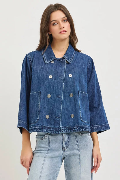 Hazel Blues® |  RISEN Double-Breasted Flowy Cropped Denim Jacket