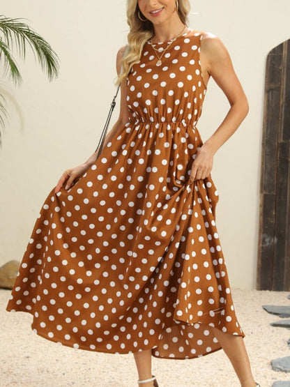 Hazel Blues® |  Polka Dot Round Neck Sleeveless Midi Dress