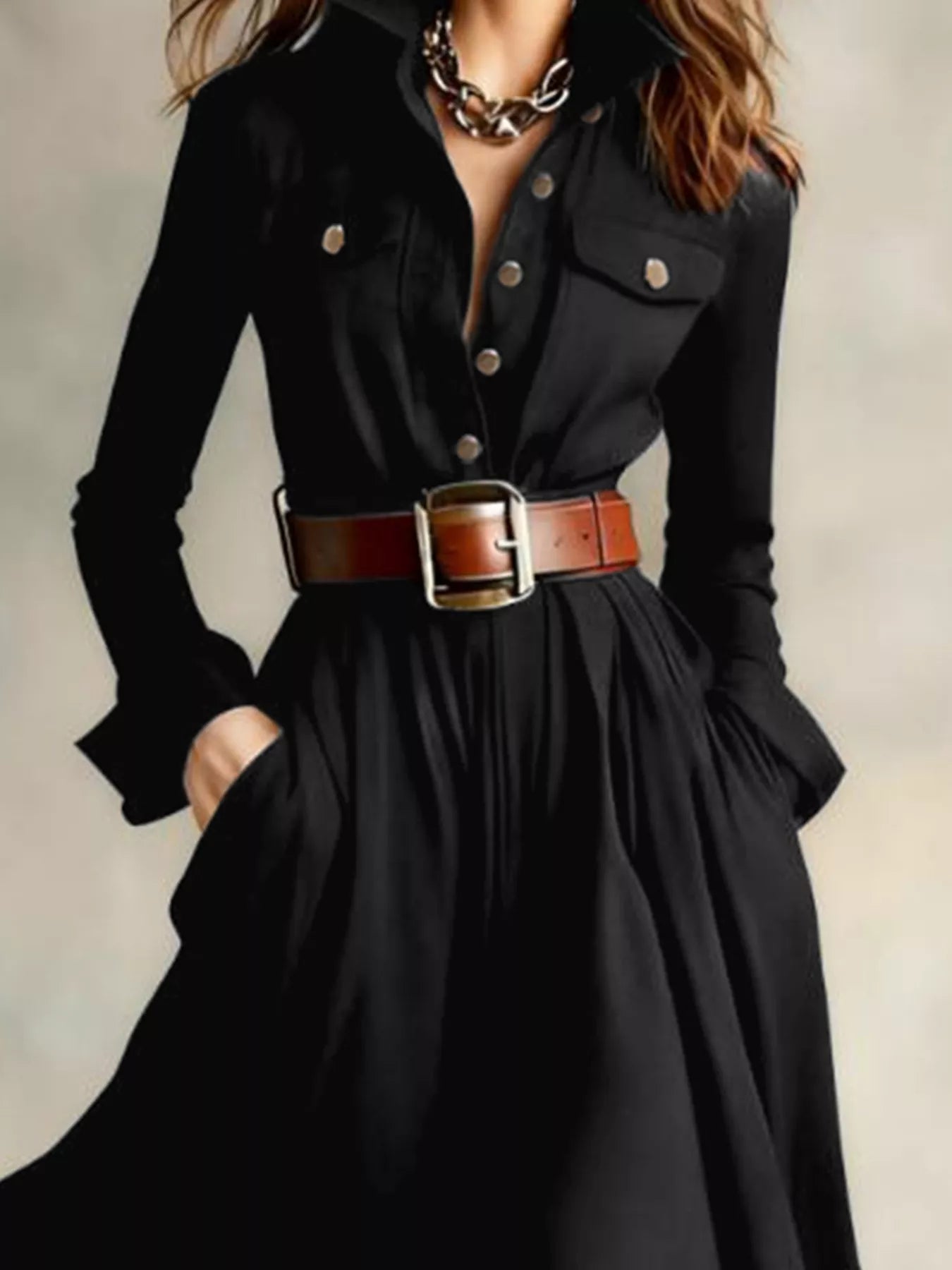 Hazel Blues® |  Button Front Long Sleeve Maxi Dress
