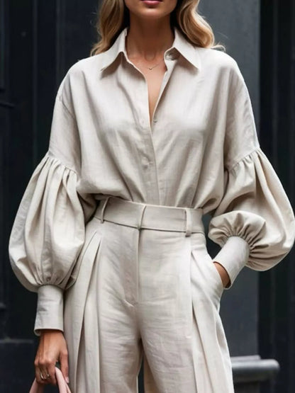 Hazel Blues® |  Lantern Sleeve Shirt and Wide Leg Pants Set