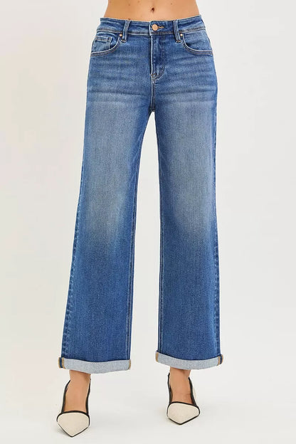 Hazel Blues® | RISEN High Rise Relaxed Fit Ankle Straight Cuff Jeans