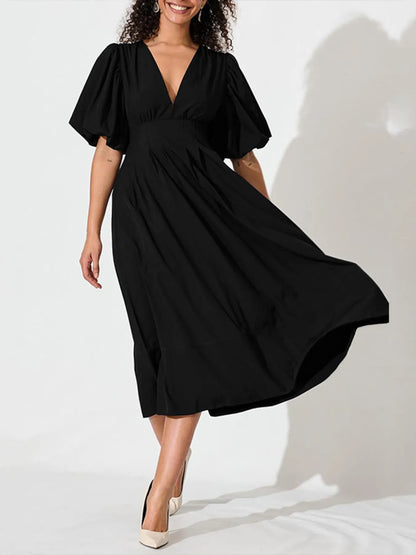 Hazel Blues® |  V-Neck Puff Sleeve Midi Dress