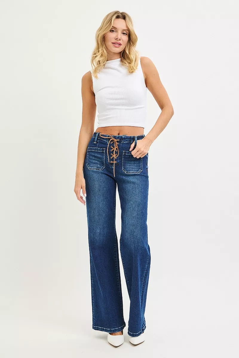 Hazel Blues® | RISEN High Rise Wide Leg Jeans with Front Tie Detail