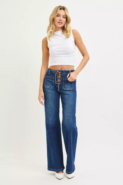 Hazel Blues® | RISEN High Rise Wide Leg Jeans with Front Tie Detail