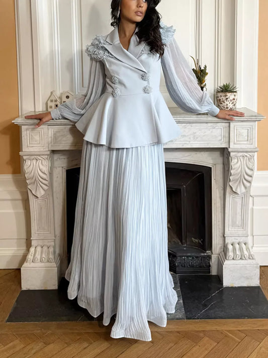 Hazel Blues® |  Frill Lapel Collar Top and Pleated Skirt Set