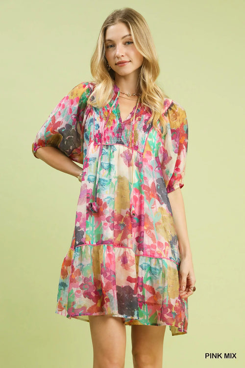 Hazel Blues® |  Umgee Mix Watercolor Floral Babydoll Dress
