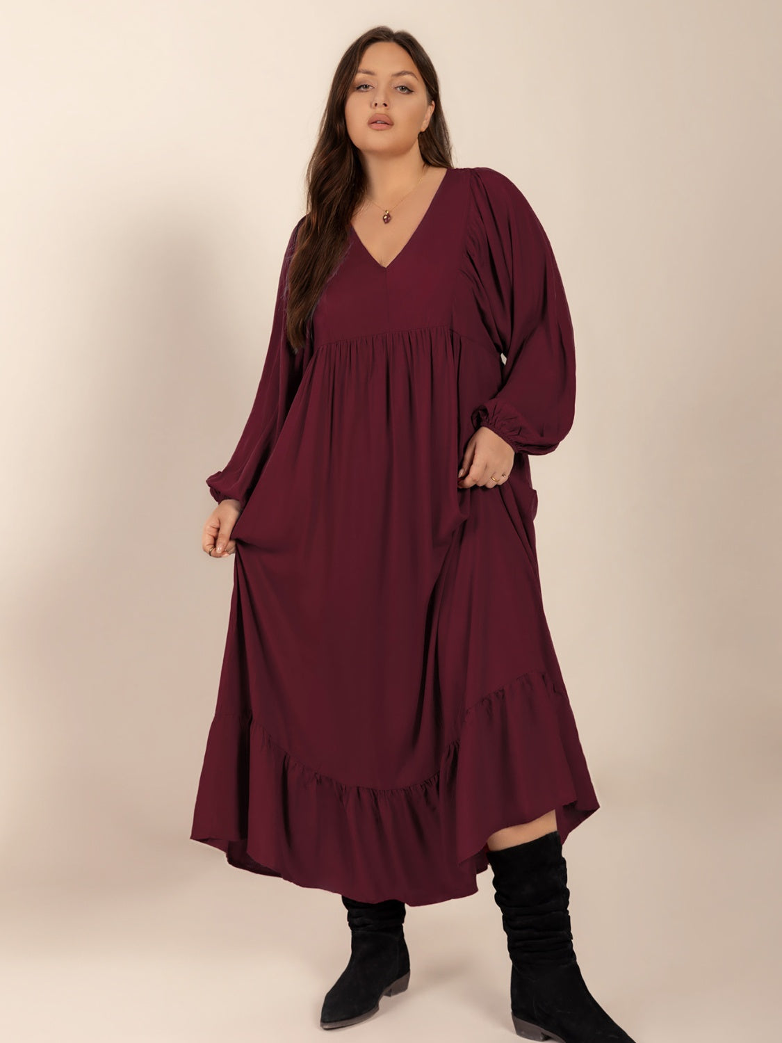 Hazel Blues® | Ruffled Hem V-Neck Balloon Sleeve Dress