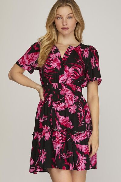 Hazel Blues® | She + Sky Printed Notched Short Sleeve Frill Tiered Dress