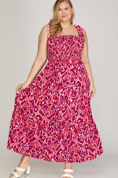 Hazel Blues® | She + Sky Smocked Printed Wide Strap Tiered Dress