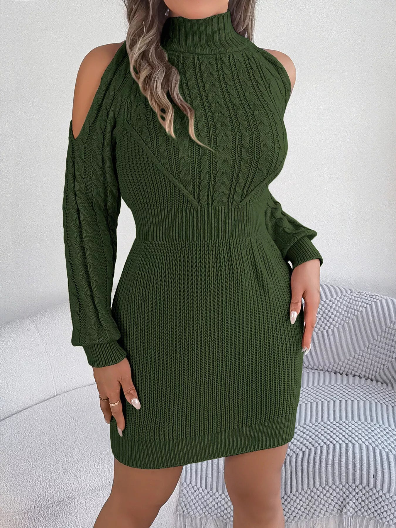 Hazel Blues® |  Cold Shoulder Cable Knit Turtleneck Sweater Dress