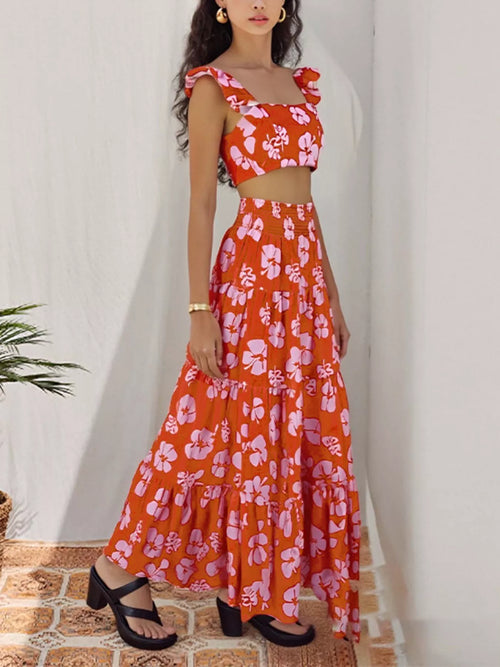 Hazel Blues® |  Crop Top and Tiered Maxi Skirt Set