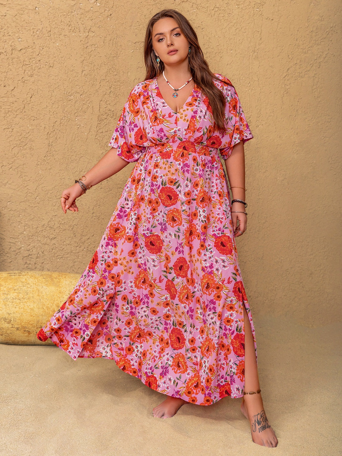 Hazel Blues® | Slit Floral V-Neck Half Sleeve Maxi Dress