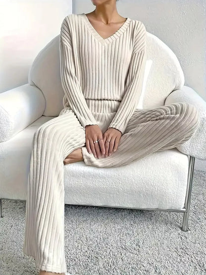 Hazel Blues® |  Ribbed Knit V-Neck Top and Pants Set