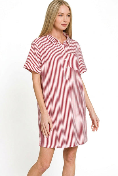 Hazel Blues® |  Zenana Stripe Collared Half Button Up T-Shirts Dress
