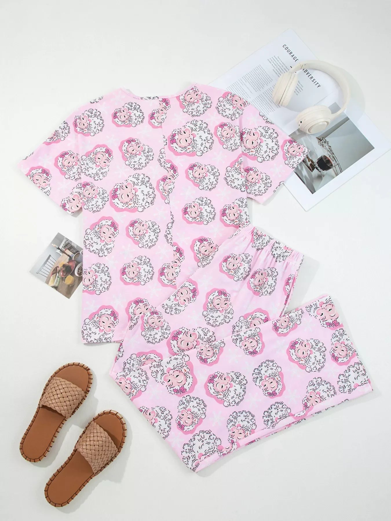 Hazel Blues® |  Santa Claus Print V Neck Tee Drawstring Pants 2pcs Lounge Set