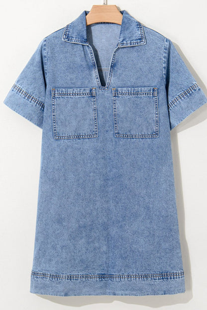 Hazel Blues® |  Short Sleeve Collared Patched Pocket Denim Mini Dress