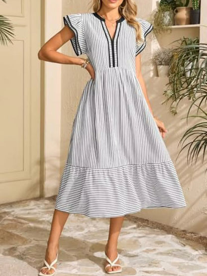 Hazel Blues® |  Striped Notched Ruffle Sleeve Dress