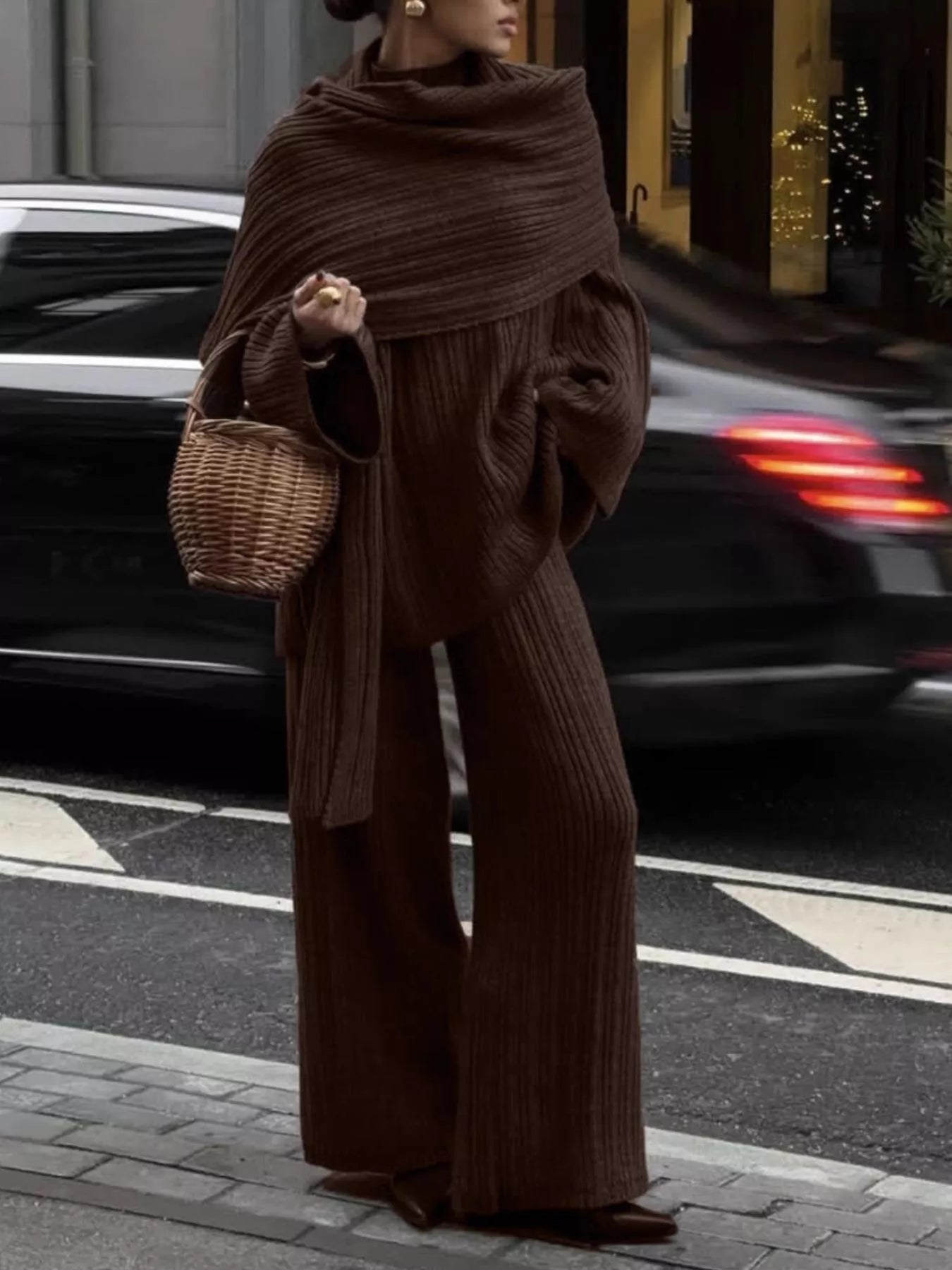 Hazel Blues® |  3-Piece Crew Neck Ribbed Sweater and Wide-Leg Pants Set with Scarf