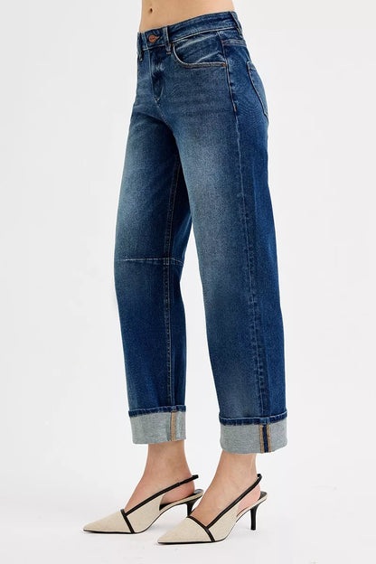 Hazel Blues® |  RISEN Slouchy Crop Barrel Cuffed Jeans