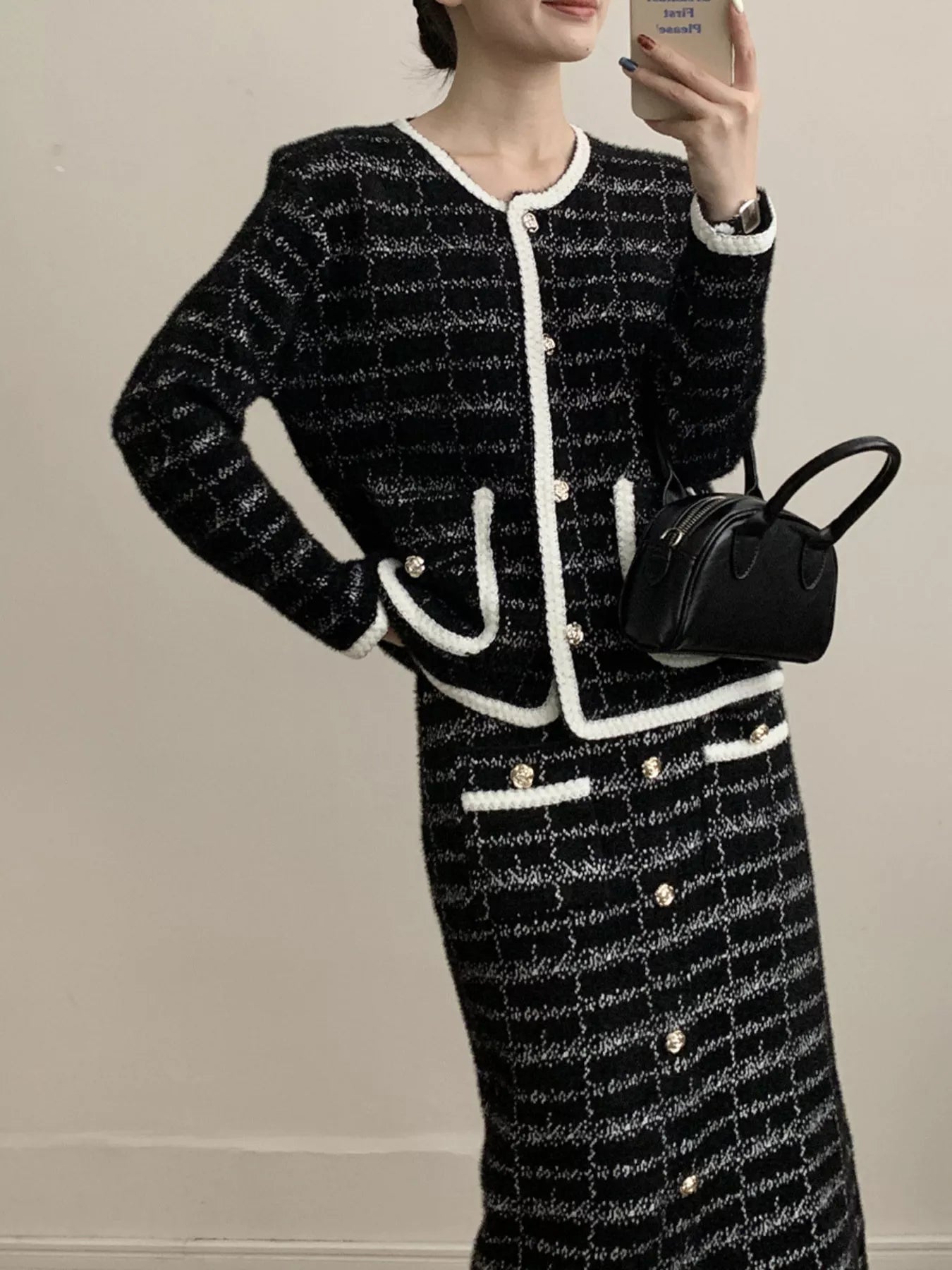 Hazel Blues® |  Tweed Contrast Trim Jacket and Skirt Set