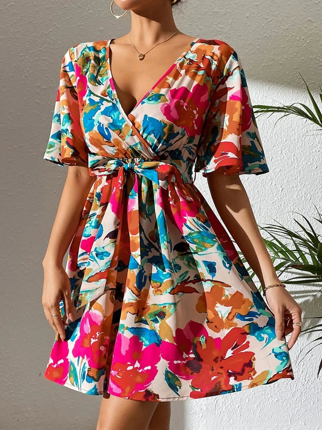 Hazel Blues® |  Printed Surplice Short Sleeve Mini Dress