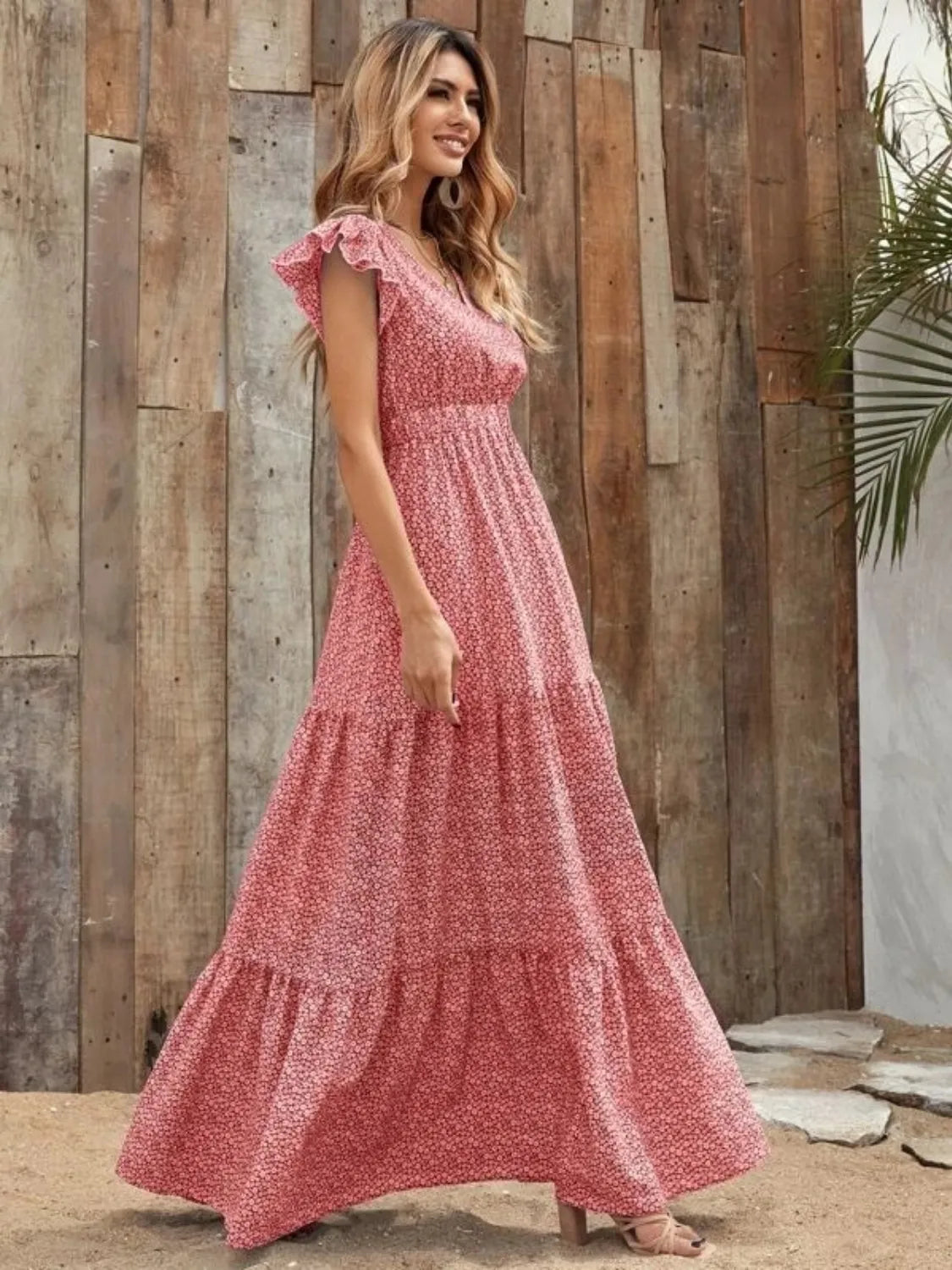 Hazel Blues® |  Printed V-Neck Ruffled Cap Sleeve Maxi Dress