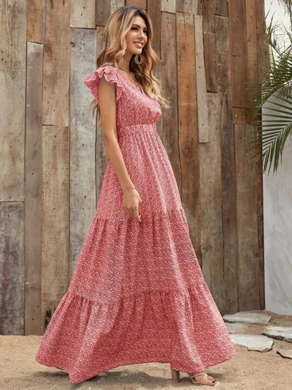 Hazel Blues® |  Printed V-Neck Ruffled Cap Sleeve Maxi Dress
