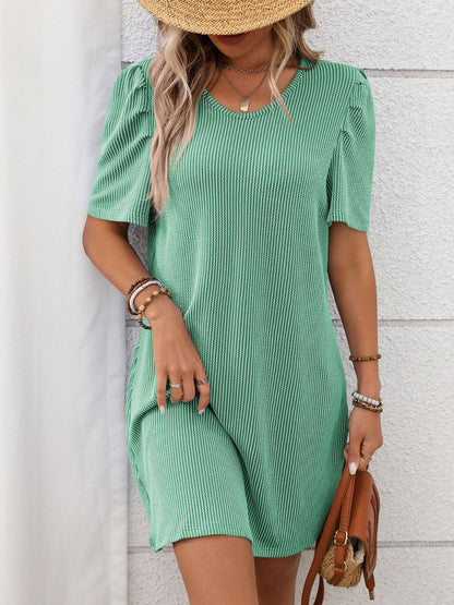 Hazel Blues® |  Textured Round Neck Short Sleeve Mini Dress