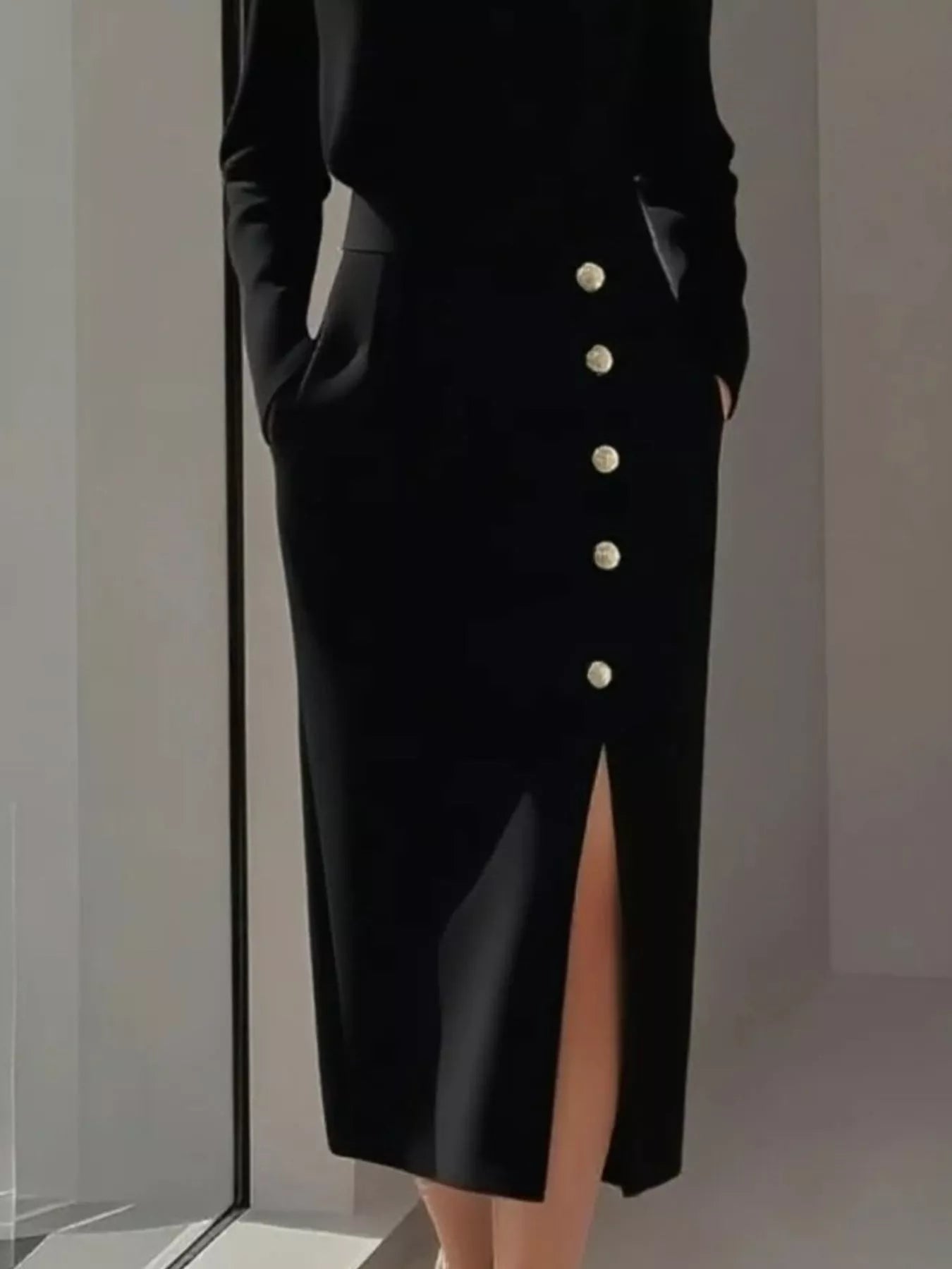 Hazel Blues® |  Long Sleeve Button Detail Midi Dress with Side Slit